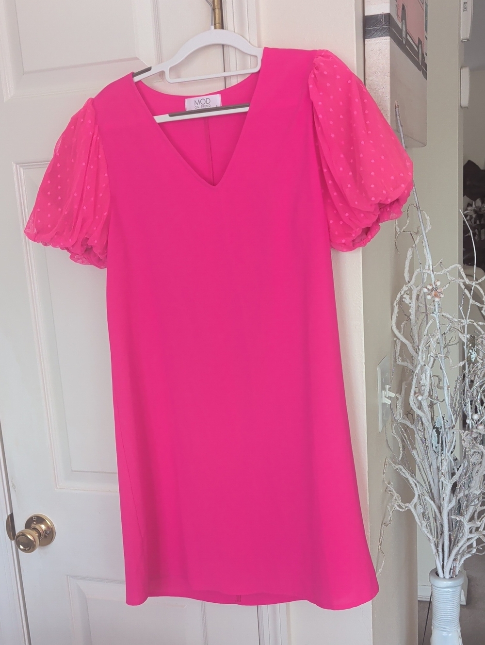 Hot Pink V-Neck Mini Dress with Sheer Puff Sleeves